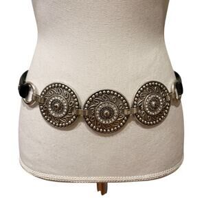 Chicos Western Leather Statement Belt Black Silver Medallion Detail M/L